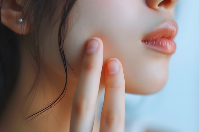 頬に手を当ててフェイスラインを気にしている女性の様子