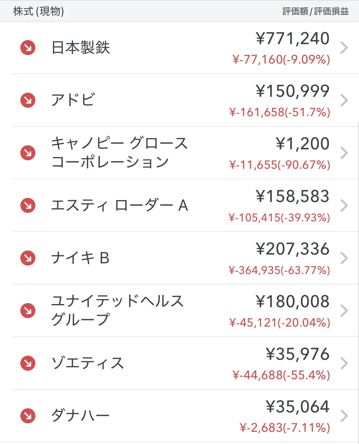 保有する国内外の個別株8銘柄の評価額と評価損益